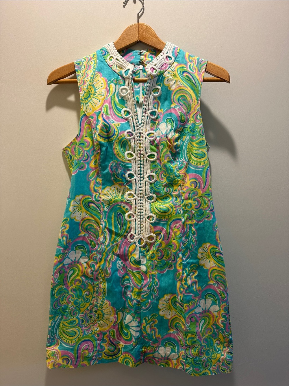 Lilly Pulitzer Turquoise Paisley Shift Dress with White Loop Trim